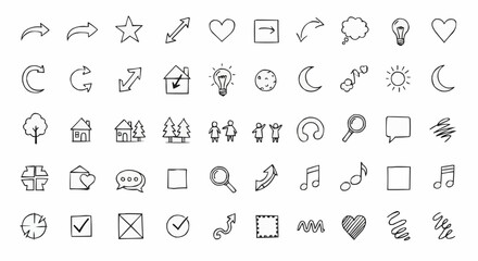 Collection of hand drawn doodle icons including arrows, hearts, stars, houses, trees, and musical notes