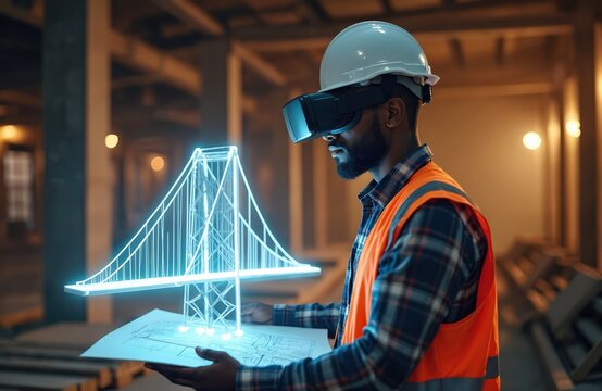 Man in hard hat and vest uses VR headset to review blueprint of bridge model. Engineer examines digital structure, plans future construction work.