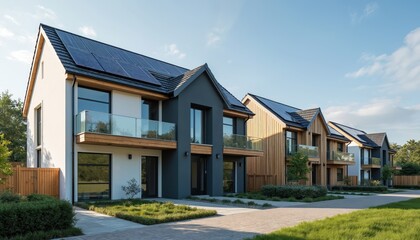 Modern eco homes with solar panels on roofs in residential area. Contemporary houses with balconies under blue sky and green lawn. Energy efficient living.