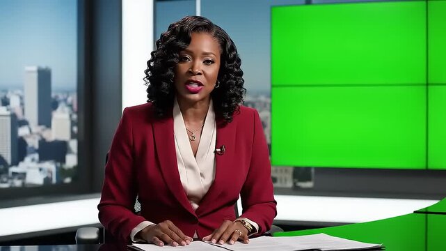 Professional female news anchor reports on financial sector news in a modern TV studio with a green screen and city skyline view