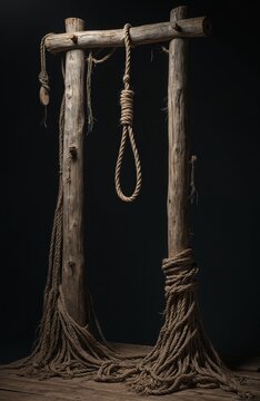 Old wooden gallows stand with a hangmans noose. Thick rope wraps around posts. Dark background emphasizes serious theme. Symbol of punishment, death, ancient justice. Medieval execution tool.