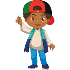 Young Boy Wearing A Red Green And Black Baseball Cap White Long Sleeve Shirt Blue Jeans And Blue Shoes Waving Hand