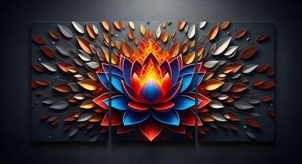 Triptych canvas print of a vibrant lotus flower with fiery center and metallic leaf accents isolated on white background