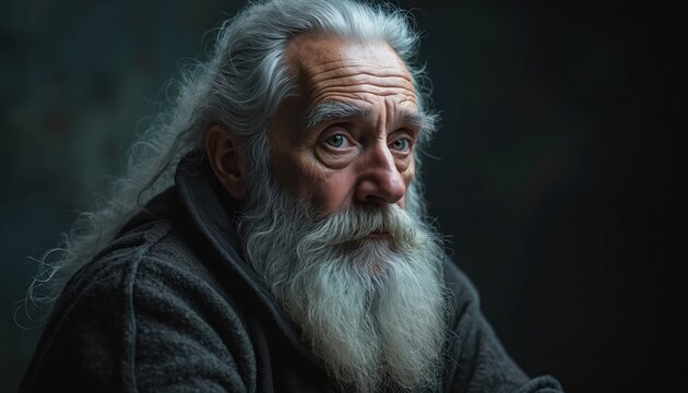 Aged Icelandic man with long grey hair and full beard. He has wise eyes and looks intently forward. Dramatic lighting creates deep shadows and highlights his weathered face.