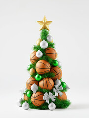 Basketballs are stacked in shape of Christmas tree with star on top. Pile of basketballs is decorated with tinsel, balls, and bows, like Christmas pine tree. Isolated on white background