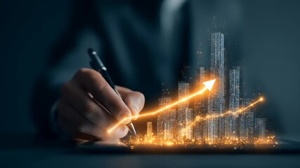 Person drawing futuristic cityscape chart with glowing growth arrow - Powered by Adobe