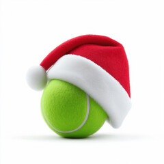 Tennis ball wearing Santa Claus hat. Red Christmas hat is placed on top of tennis ball. Christmas concept isolated on white background