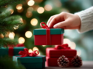 Woman's hand places gifts under Christmas tree. Hand of woman holds red gift box next to fir branches. Several wrapped presents are stacked underneath christmas pine