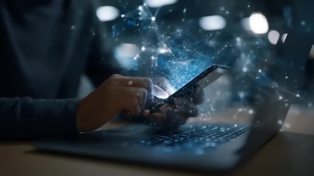 Person using smartphone with glowing network graphic on a laptop - Powered by Adobe