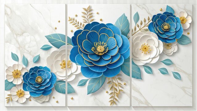 A stunning triptych art featuring blue and white flowers with golden accents on a marble background