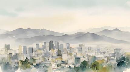Dreamy watercolor Los Angeles cityscape evokes serene urban beauty and gentle atmospheric perspective