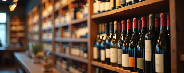 Fototapeta premium Rows of wine bottles on shelves in dimly lit store. Blurred background creates warm inviting ambiance perfect for beverage advertising or wine bar concepts. Diverse selection offers quality choices.