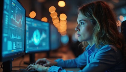 Young woman works on computer with multiple screens displaying complex data analysis, graphs in modern office. Female analyst focuses on data visualization on monitors. Data science pro uses tech for
