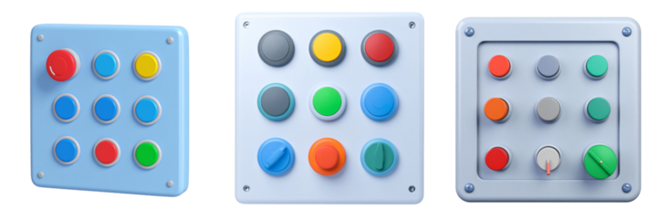 Set of Three Control Panels Each Displaying Various Colored Buttons Arranged In Square Shapes With Metallic Screws Isolated On Transparent Background