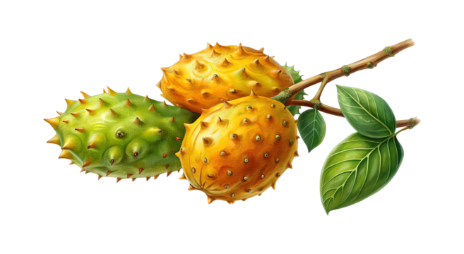 Exotic Horned Melons or Kiwano Fruit on a Branch Isolated on White