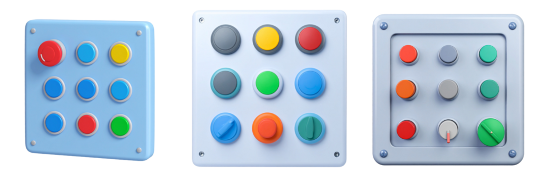 Set of Three Control Panels Each Displaying Various Colored Buttons Arranged In Square Shapes With Metallic Screws Isolated On Transparent Background