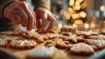 POV Christmas cookie decorating in warm festive kitchen.