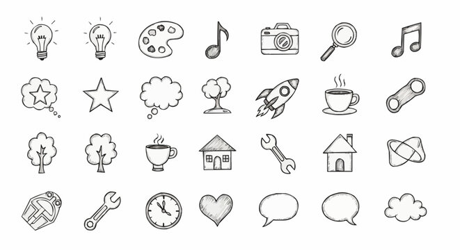 Illustration of various hand drawn icons including lightbulbs camera rocket and other sketch style elements