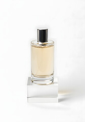 A perfume bottle with a silver cap and a clear glass body, sitting on a white cube.