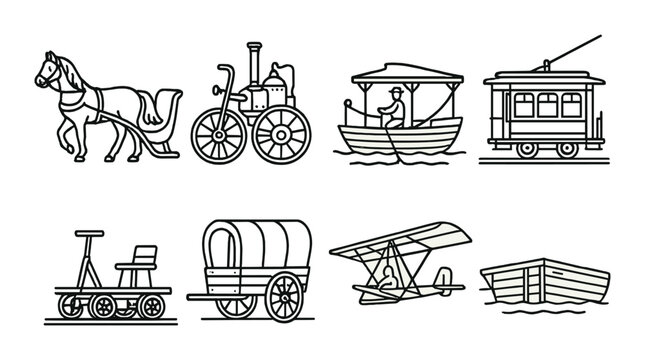 Illustrated transportation icons: horse carriage, steam engine, boat, train, wagon, plane, cart, ship