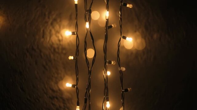 Warm glowing fairy lights with soft bokeh effect against textured wall string lights warm light