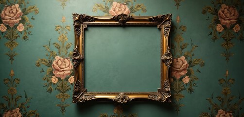 Ornate gold frame on vintage floral wallpaper. Empty space for text or image. Elegant background for design projects. Classic style for luxury branding and promotion.
