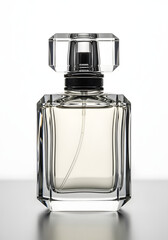 A clear glass perfume bottle with a faceted cap sits on a reflective surface.