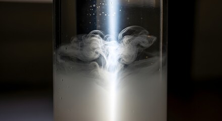 A close-up photograph of a scientific experiment involving the interaction of light and vapor within a controlled environment, highlighting the effects of energy on gaseous substances