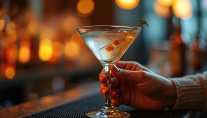Woman hand holds martini glass with olives and garnish. Blurred bar with warm bokeh lights in background creates sophisticated ambiance. Enjoying a refreshing cocktail after a long day.