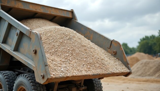 Heavy dump truck raises bed, unloading tons of crushed stone aggregate. Construction site background with dirt piles, equipment preparing for roadwork and building project.