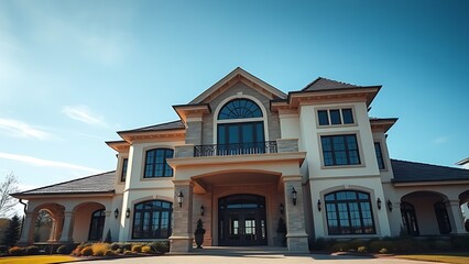 Elegant residence entrance with architectural details under a clear blue sky, exuding luxury.