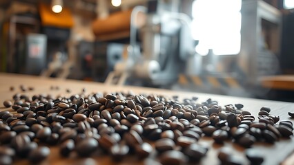 Fototapeta premium Freshly roasted coffee beans on wood with aromatic steam in warm directional light.