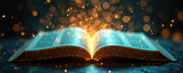 Open book glows intensely with vivid blue light spreading from illuminated pages. Golden sparkling particles burst upwards from book against dark, abstract background. Knowledge, learning, wisdom,