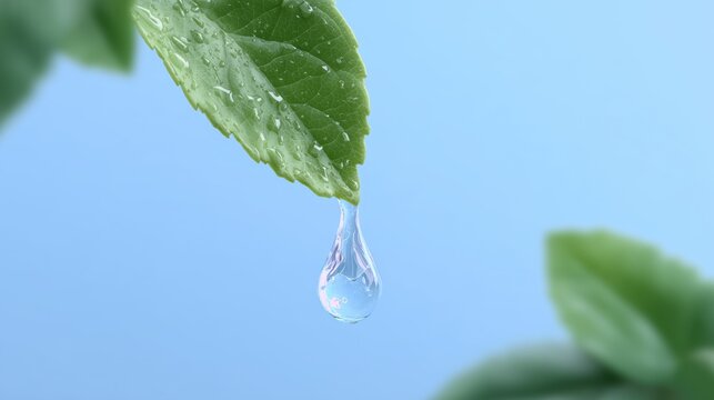 A pristine droplet of water delicately clinging to a vibrant leaf, embodying the essence of nature's purity and tranquility. The clear droplet showcases the reflection of the sky.