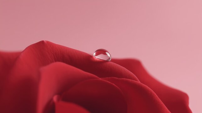 A captivating macro shot of a solitary water droplet glistening atop a velvety red rose petal. capturing the beauty of nature.
