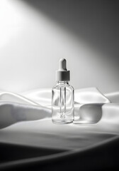 Clear serum bottle with dropper on white satin fabric.