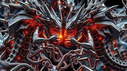 Metallic fractal creatures consuming each other in a cybernetic ecosystem with visible energy transfers.