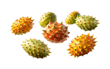 Seven Kiwano Melons also known as Horned Melons on a Black Background