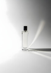 A minimalist clear glass bottle with a black cap casts a long, dramatic shadow on a white surface under stark lighting.