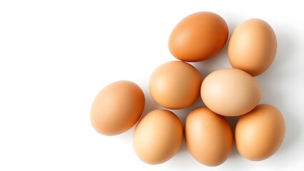 Fresh brown eggs with natural texture, isolated on a pure white background under soft overhead lighting.