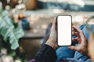 Mobile phone blank white screen mockup.texting using cell phone.background empty space for advertise.work people contact marketing business,technology