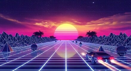 Retrofuturistic sunset drive on a neon grid road with palm trees