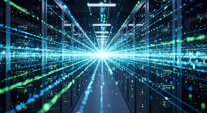 Abstract glowing digital data tunnel with bright light at the end