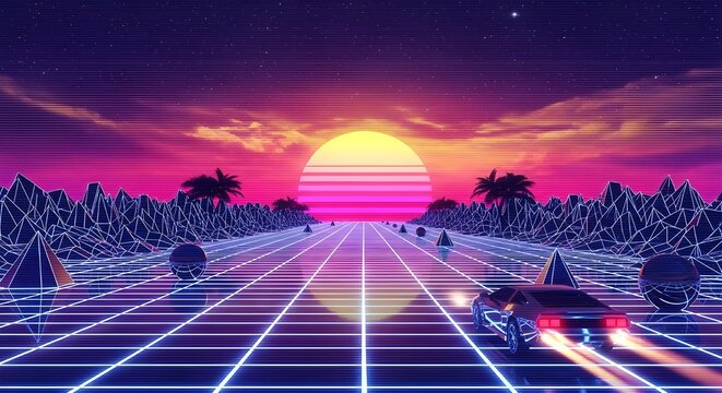 Retrofuturistic sunset drive on a neon grid road with palm trees