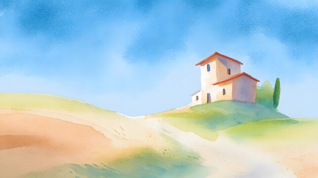 Charming hillside house watercolor illustration evokes peaceful country living under a bright sky