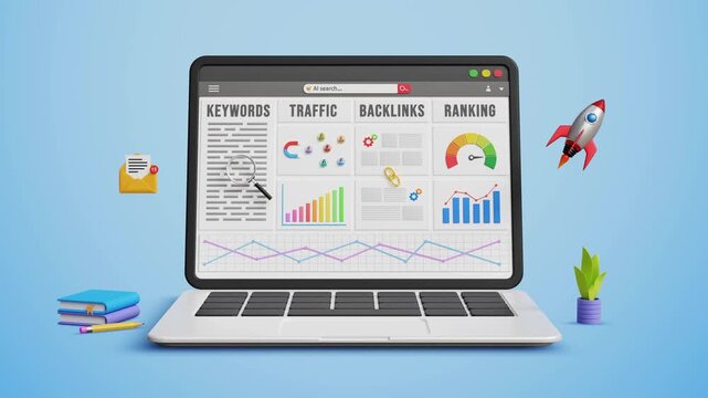 Boost Website Ranking, SEO Growth, Powerful SEO Strategies, High-Quality Backlinks, Fast Performance, Keyword Optimization, and Organic Traffic. Tracking Website Ranking on Laptop. 3D Animation