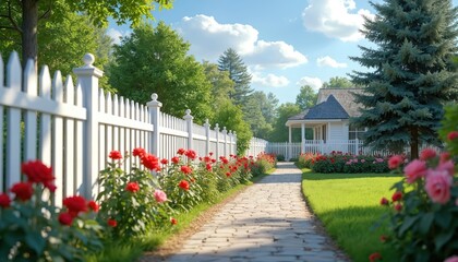 Obraz premium Idylliczne zdjęcie przedstawia urokliwy biały dom za płotem. Kamienna ścieżka prowadzi do rezydencji otoczonej bujnymi kwiatami i zieloną trawą. Malowniczy projekt elewacji domu, piękne zagospodarowanie terenu.