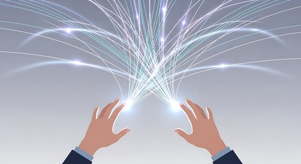 Hands Interacting with Digital Light Streams Representing Data Flow and Connectivity.