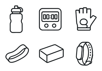 Fitness and sports equipment icons: water bottle, stopwatch, glove, shoe, brick, fitness band