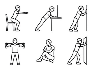 Silhouette illustrations of six calisthenics exercises for strength and flexibility